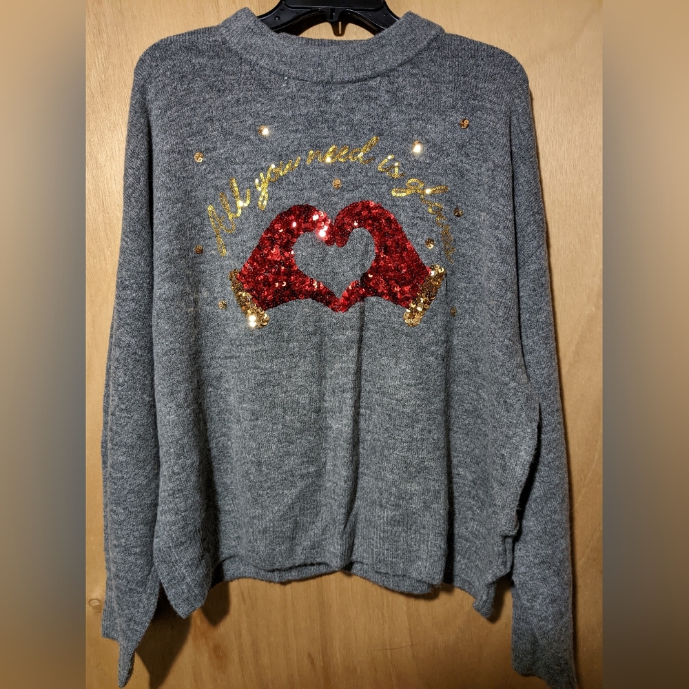 Gray "All you need is gloves" heart hands sweater